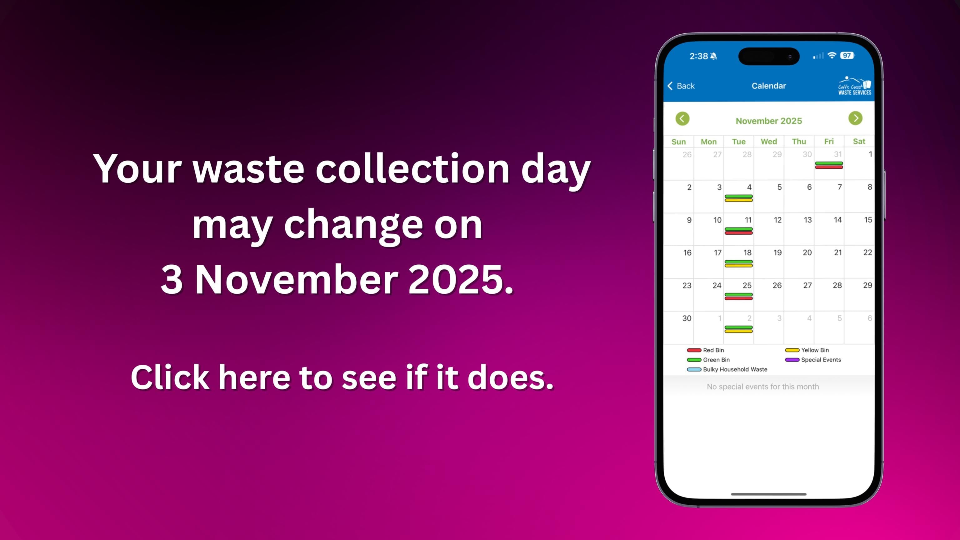 Your waste collection day may change on 3 November 2025